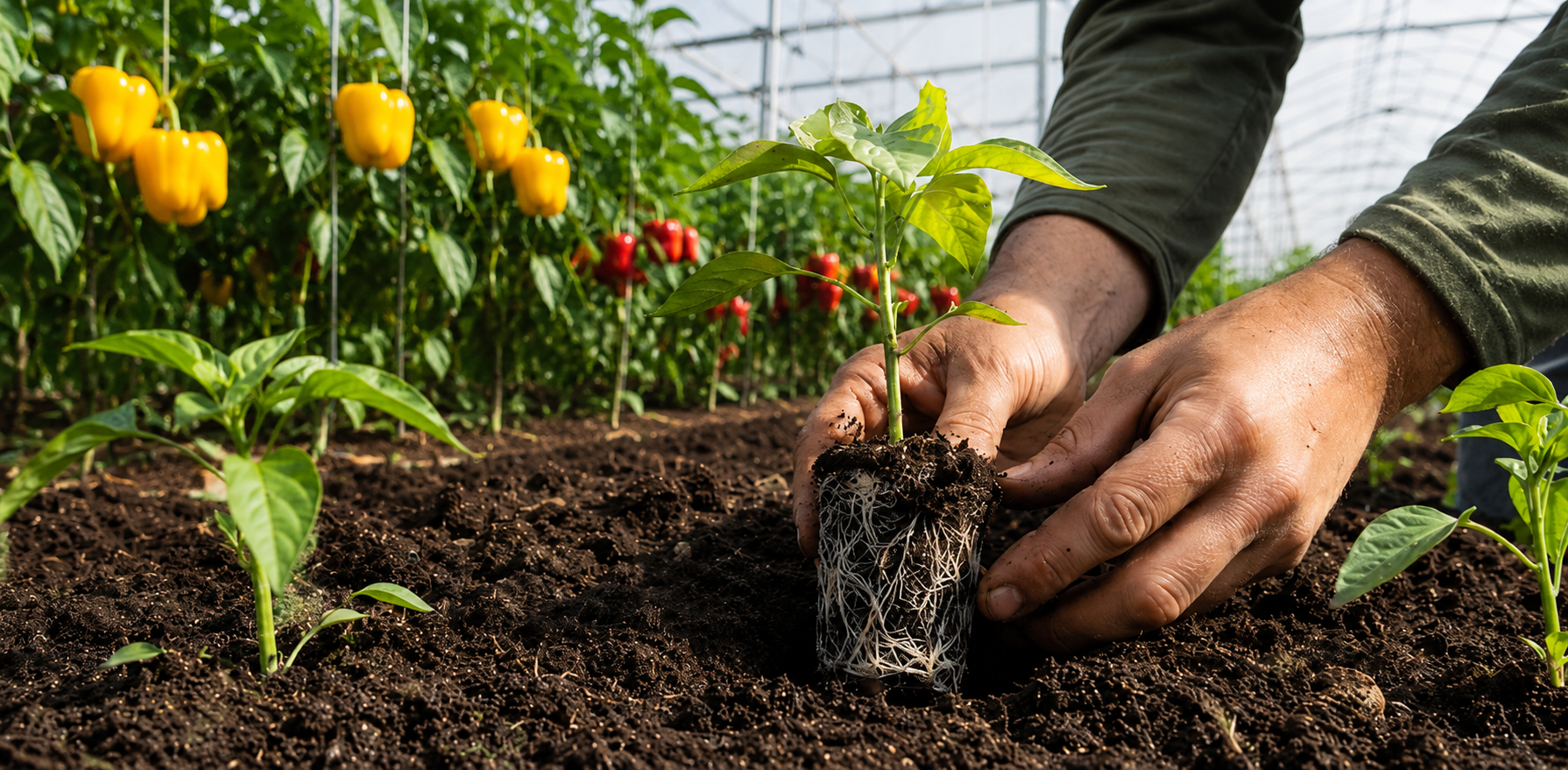 Grower transplanting a pepper seedling into rich living soil for robust biological vegetable production in a greenhouse.