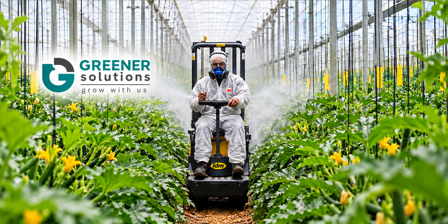 Transformative IDM greenhouse sprayer supplied by Greener Solutions applying crop protection treatment in a South African greenhouse.